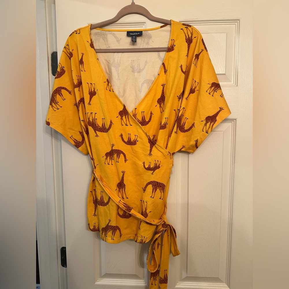 Modcloth Yellow Giraffe Print Wrap Blouse